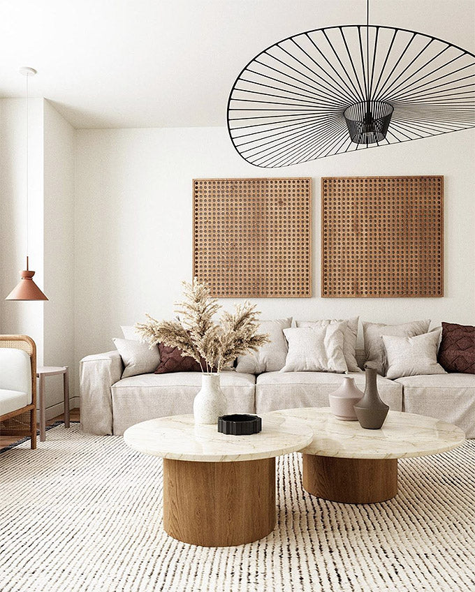 Japandi living room interior in neutral colour palette