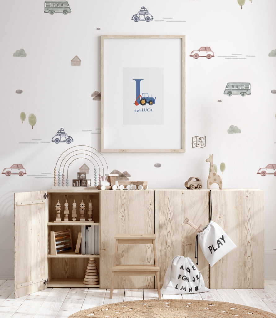 Travel themed roadtrip wallpaper with wood sideboard