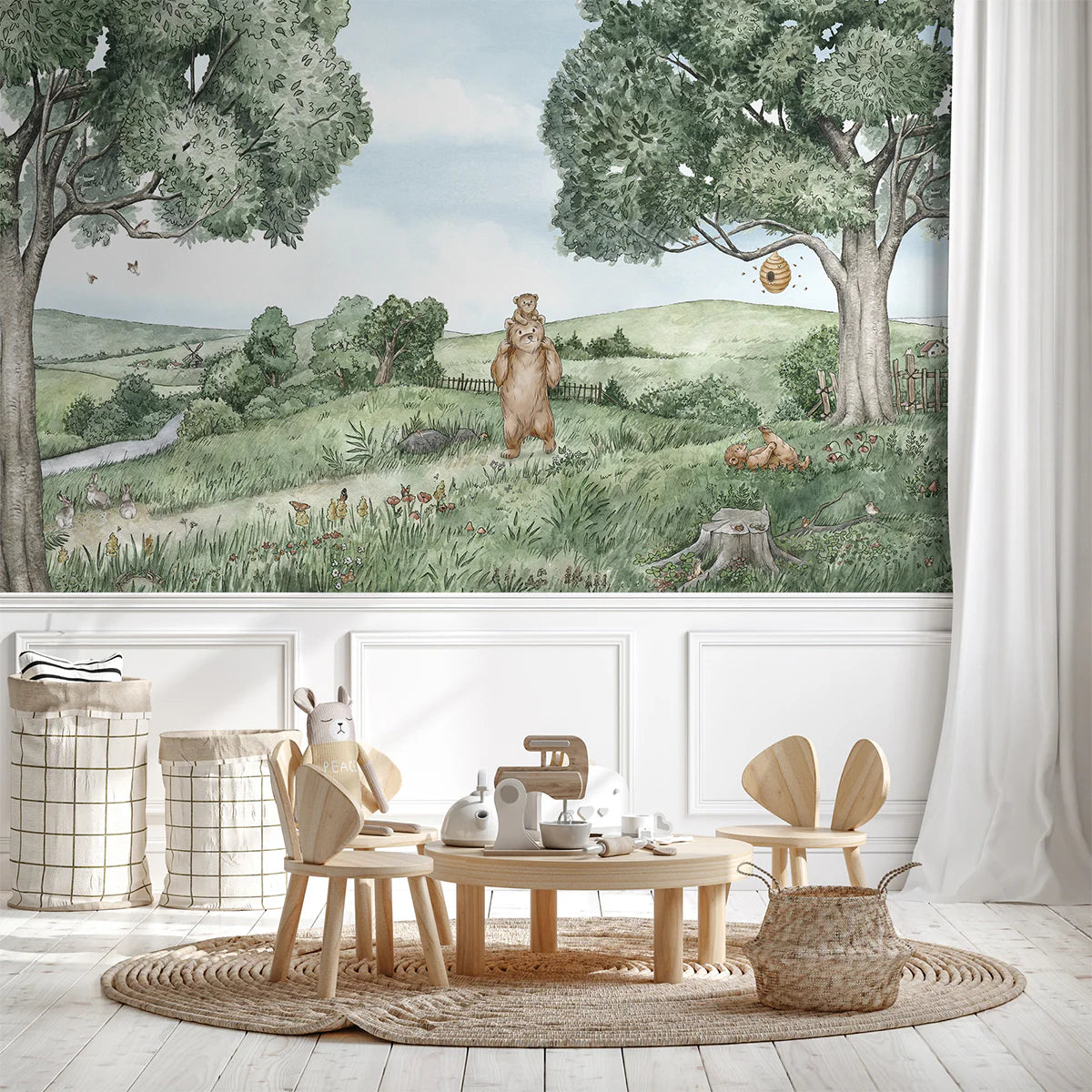 Bears and bees animal mural wallpaper in kids room