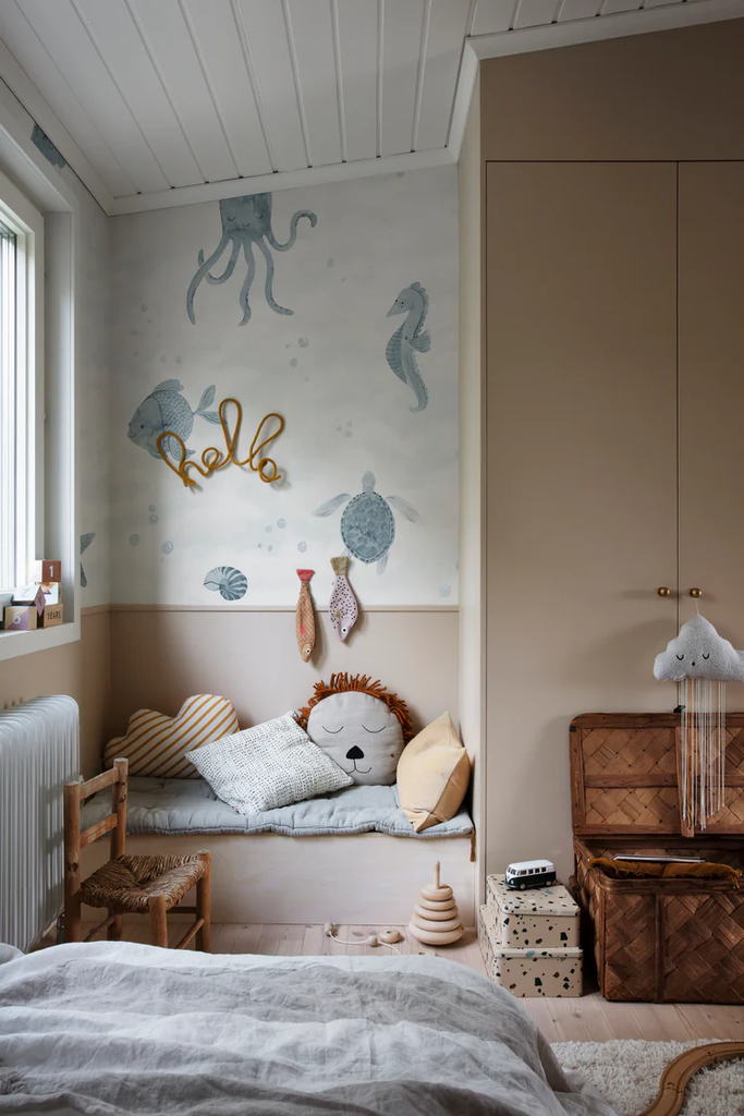 Ocean Friends, Pattern Wallpaper in Blue in Kid's Bedroom