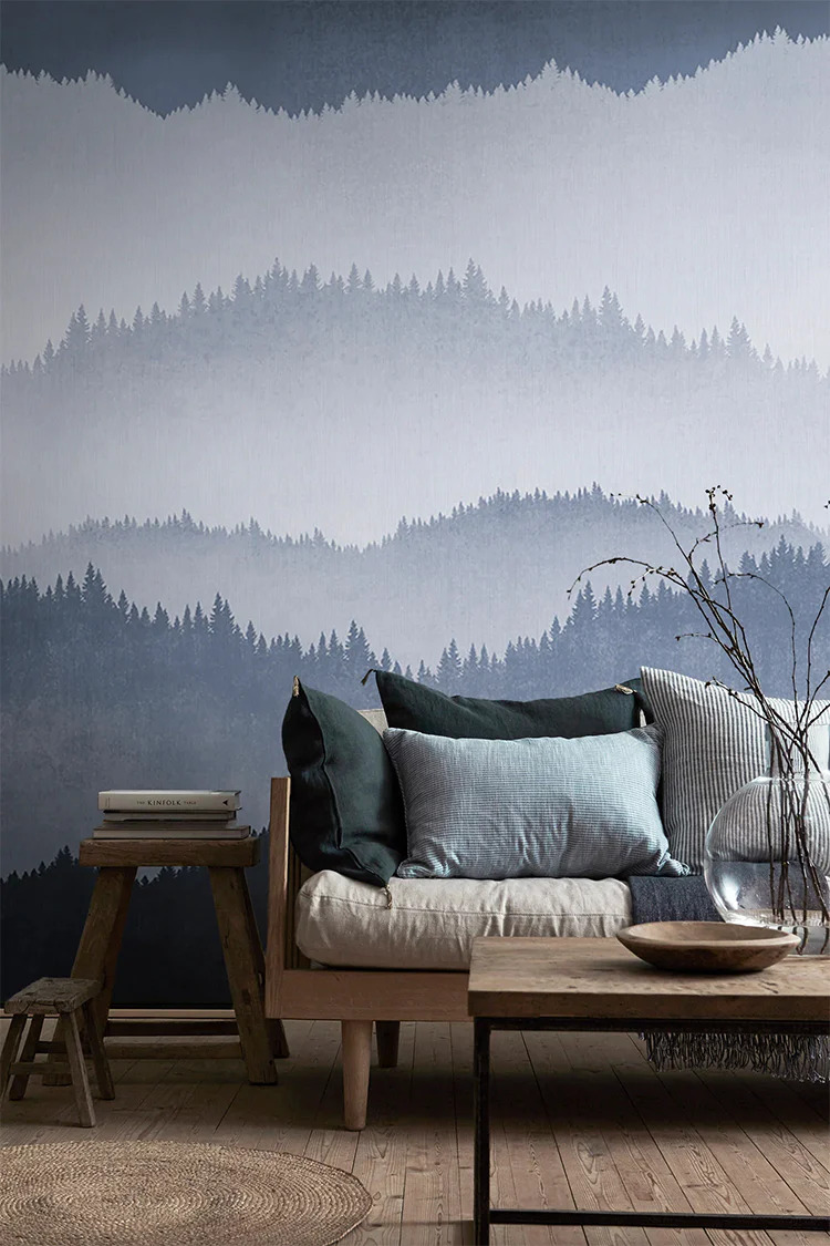 HC-Forest_Landscape_Ombre_Mural_Wallpaper-DarkBlue-Interior1-07022024_900x.jpg cool blue forest landscape wallpaper in living room