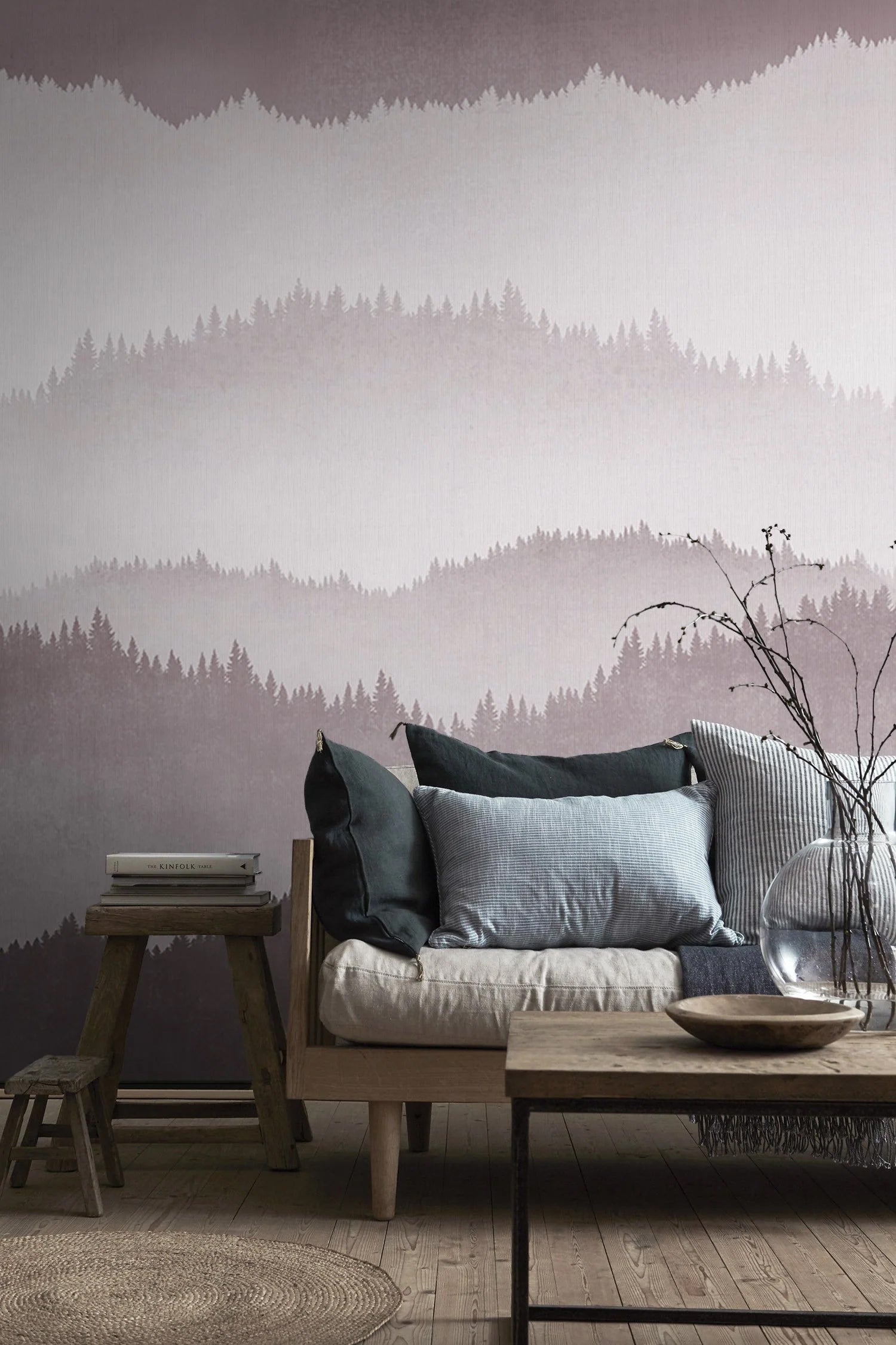 HC-Forest_Landscape_Ombre_Mural_Wallpaper-Crimson-Interior1-07022024.jpg Forest Landscape, Ombre Mural Wallpaper, in a living room with wooden furnishing