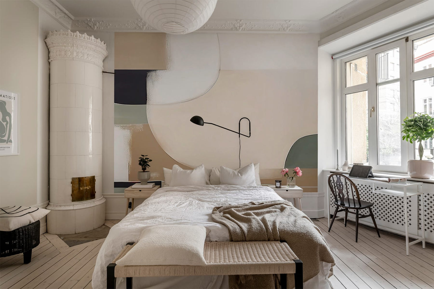 Rina Abstract Shapes, Faux Texture Wallpaper featured in a brown accent bedroom with white bedsheets, and pillows along side with brown throw blanket