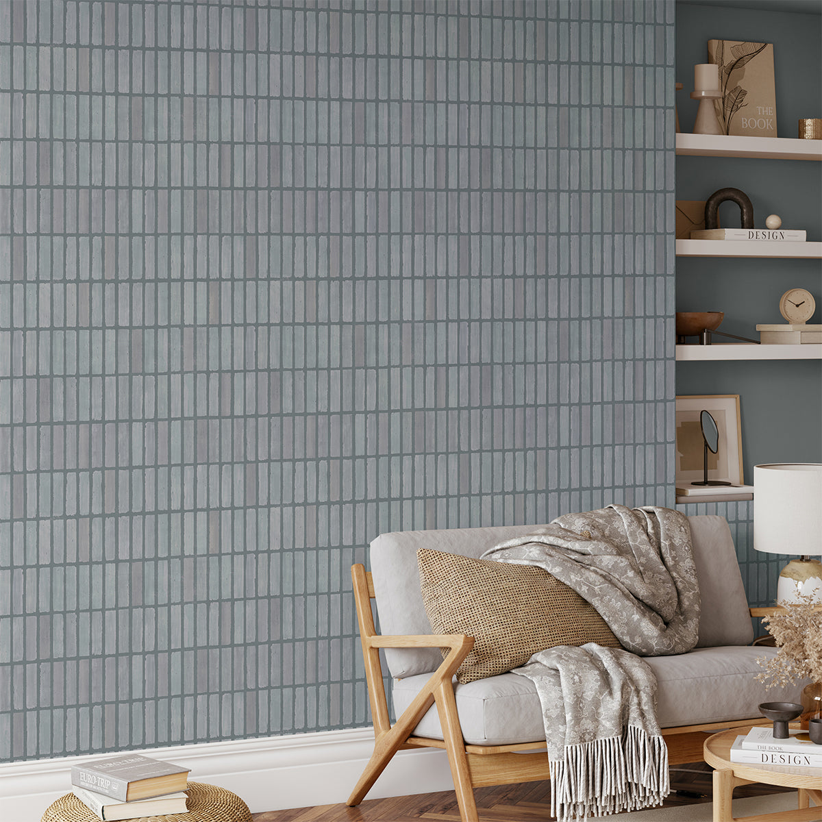 Terra Tessel, Pattern Wallpaper in blue installed in living room decorated with boho decorations