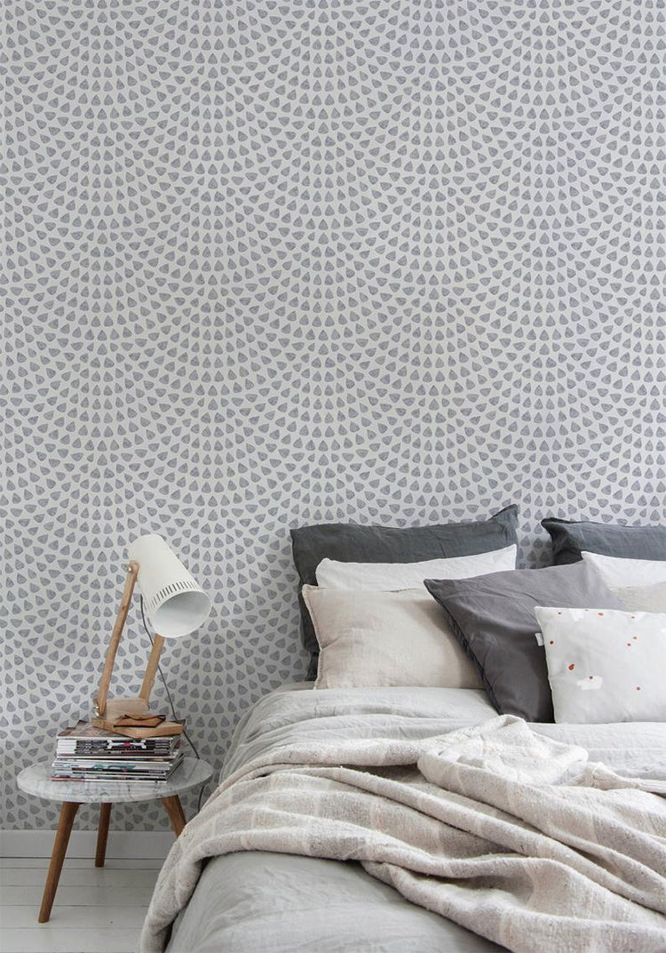 Scallop Polka Dots, Pattern Wallpaper closeup in grey bedroom