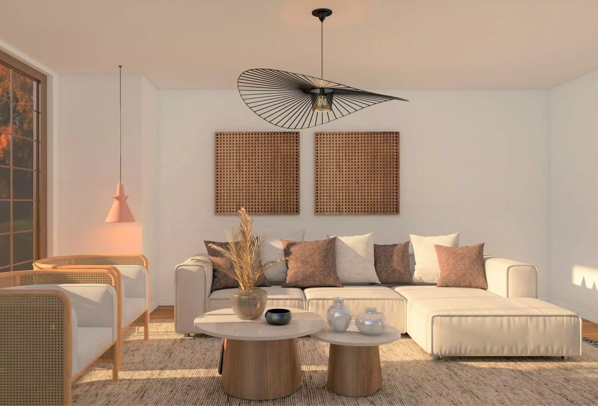 Japandi living room interior design paired with wooden furniture