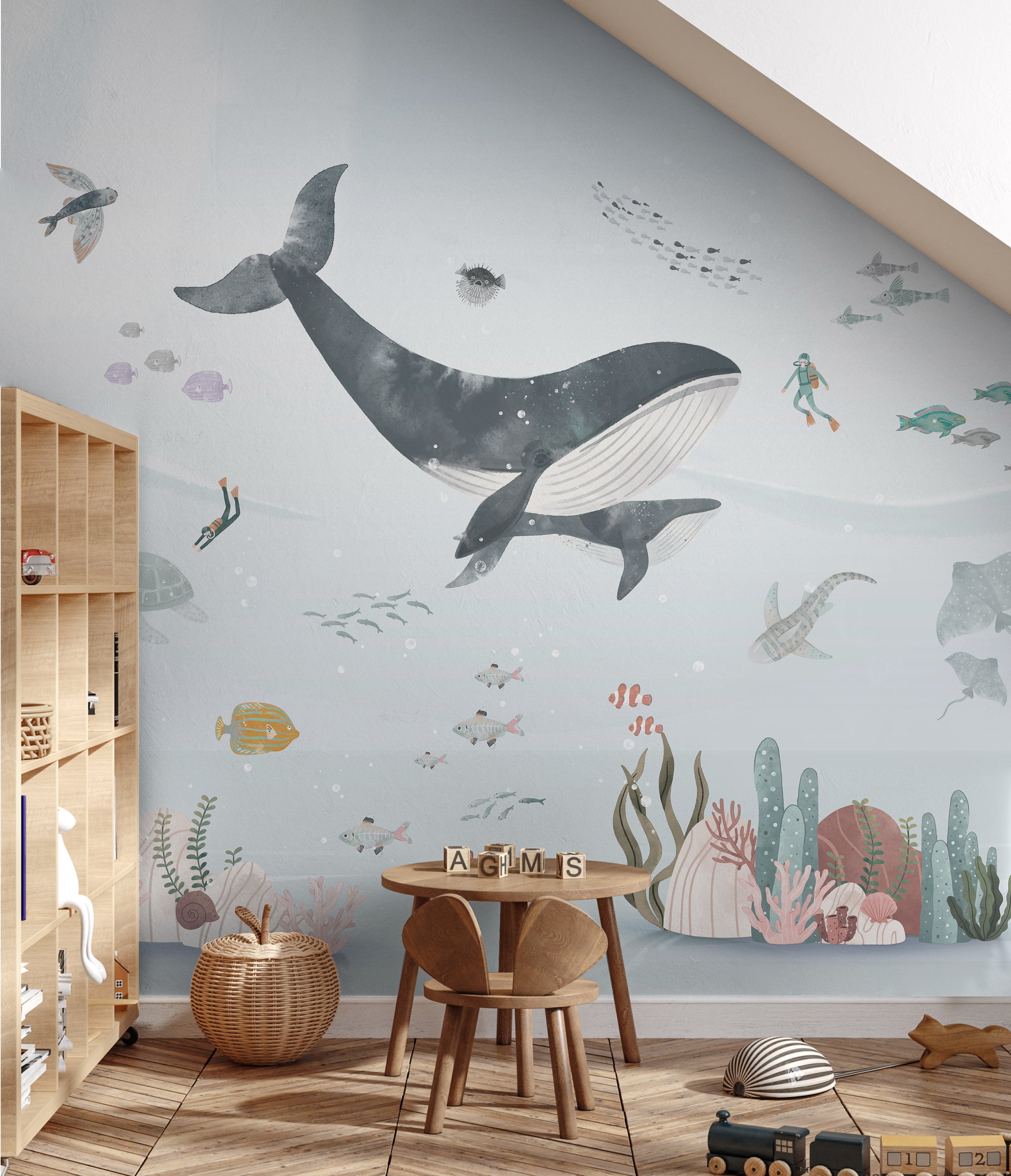 Whale and Ocean Friends, Mural Wallpaper in kid's room with wooden furniture