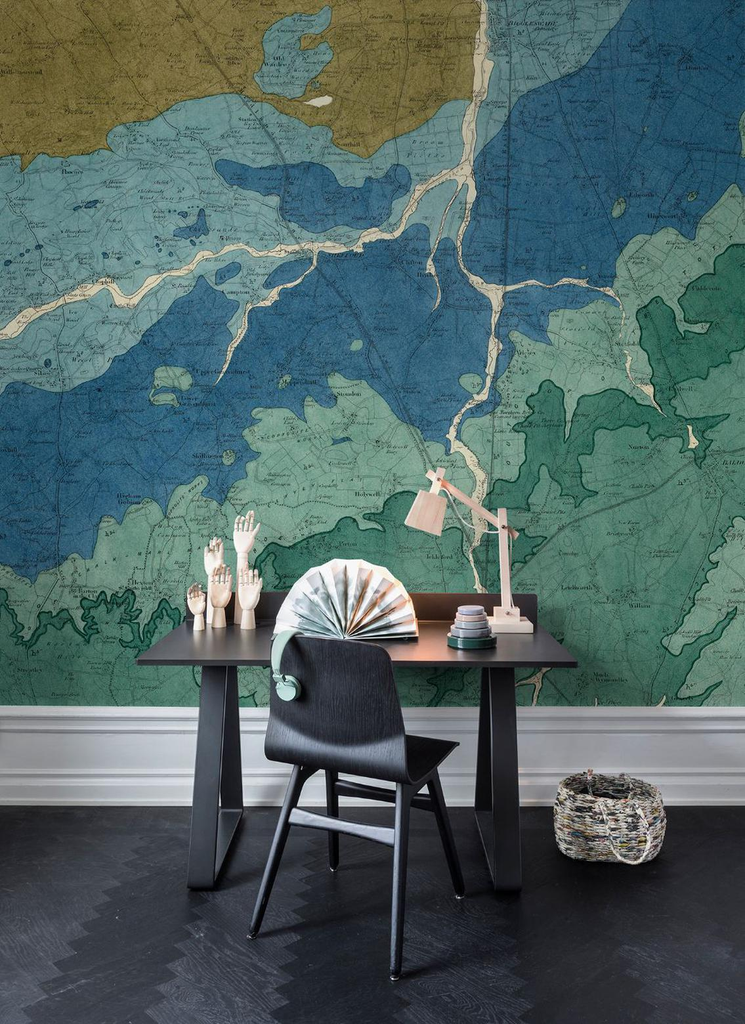 Oxford Clay, Map Accent Wallpaper in study room