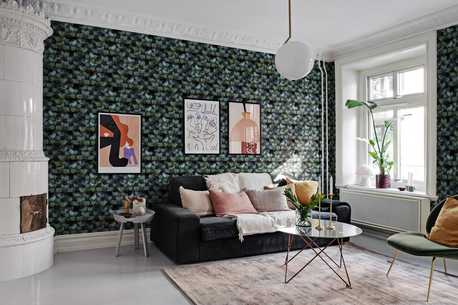Peacock Plumage, Pattern Wallpaper in living room