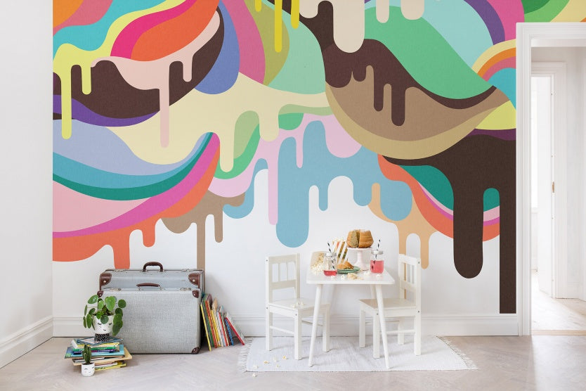 Dripping ice cream wallpaper design in a living room setting, with white furnishings