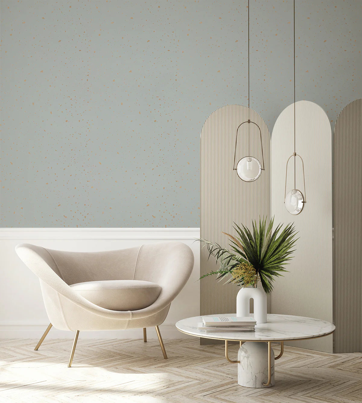 Gold Metallic Confetti Speckles, Pattern Wallpaper in living room with modern white furnitures
