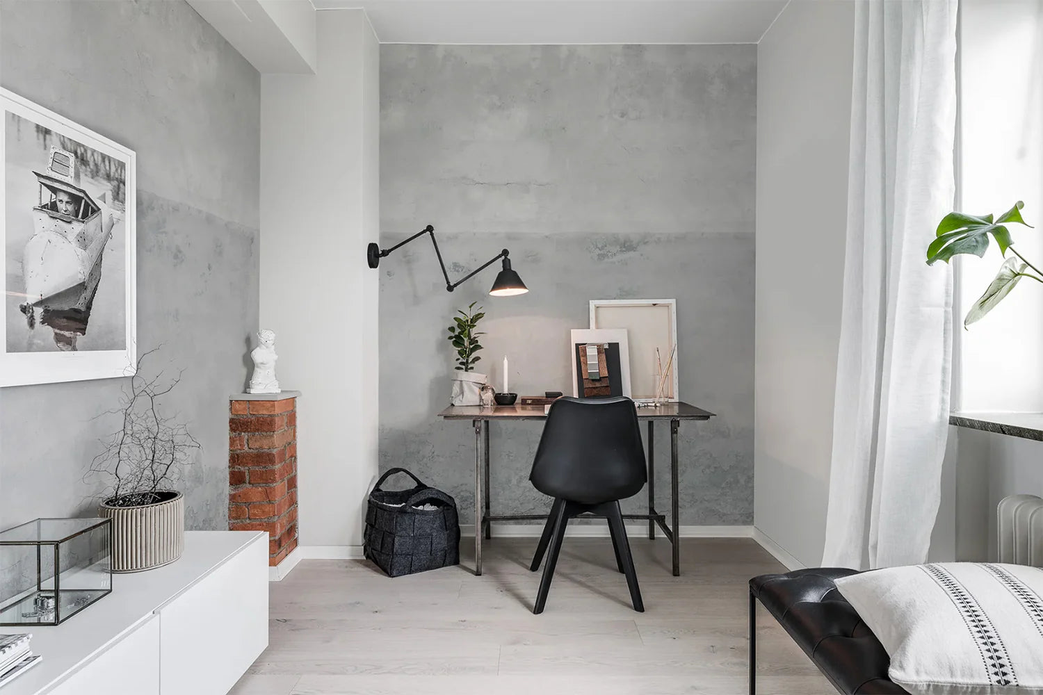 The Horizon, Grey Mural Wallpaper in industrial home office setting