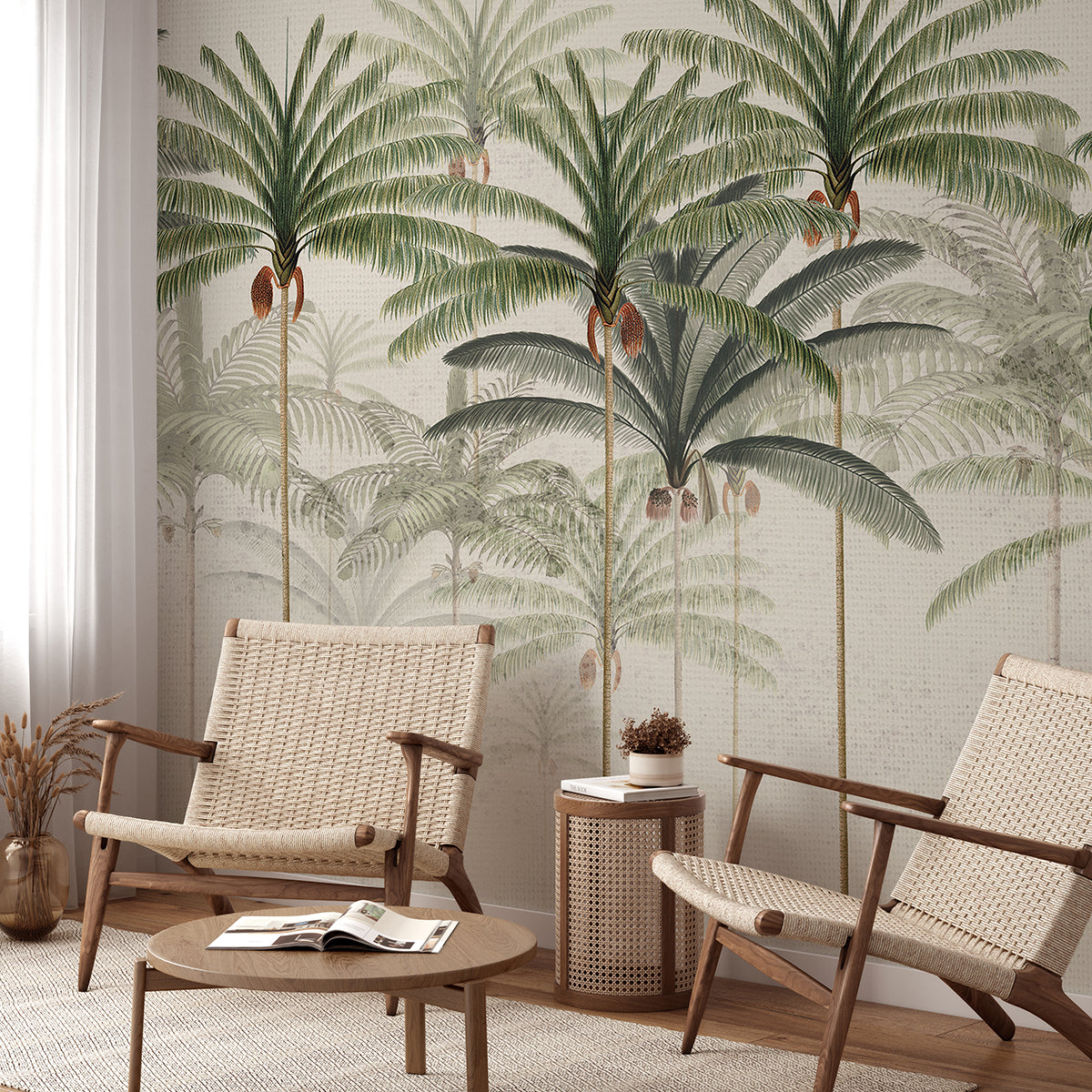 HC-Rainforest_Vintage_Mural_Wallpaper-Honey-Interior2.jpg Rainforest Vintage, Mural Wallpaper in living room with green sofa and rattan furniture