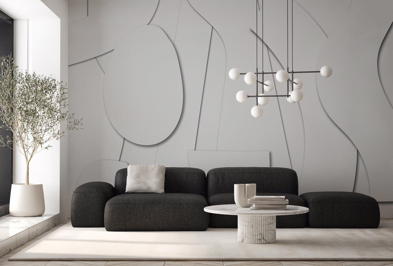 Offcut Shapes, Textured Wallpaper featured in a modern living room that matches its aestheics