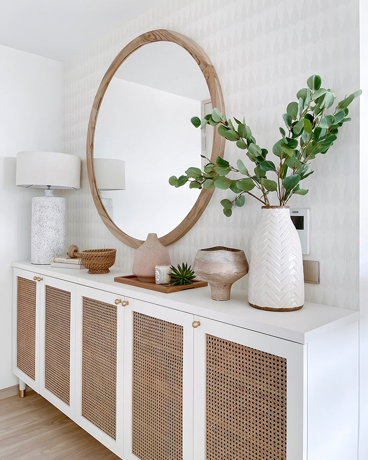 Geometric Panorama, Pattern Wallpaper in a living room with cabinets, white and clay vase