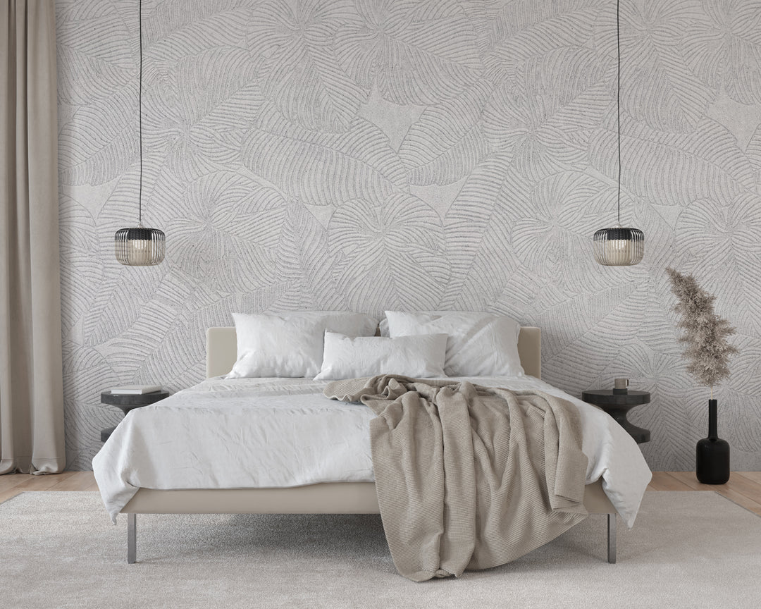 erin stone foilage wallpaper in bedroom