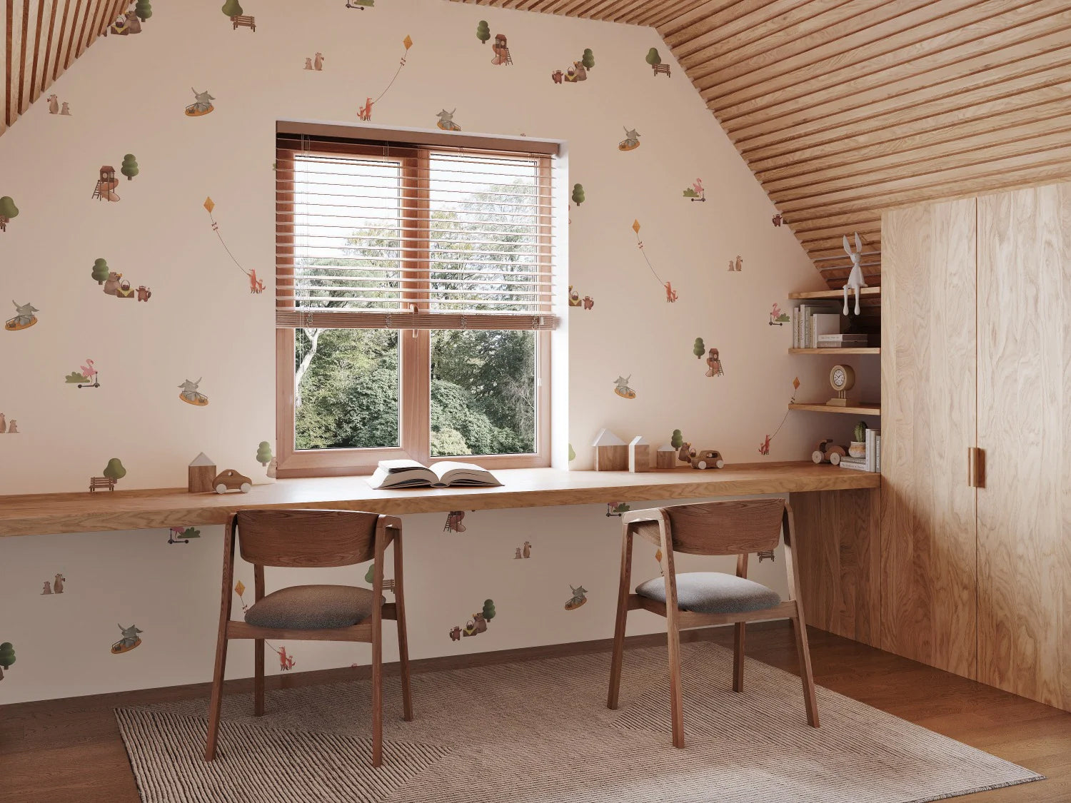 Animal Playground Patterned Wallpaper in a study room