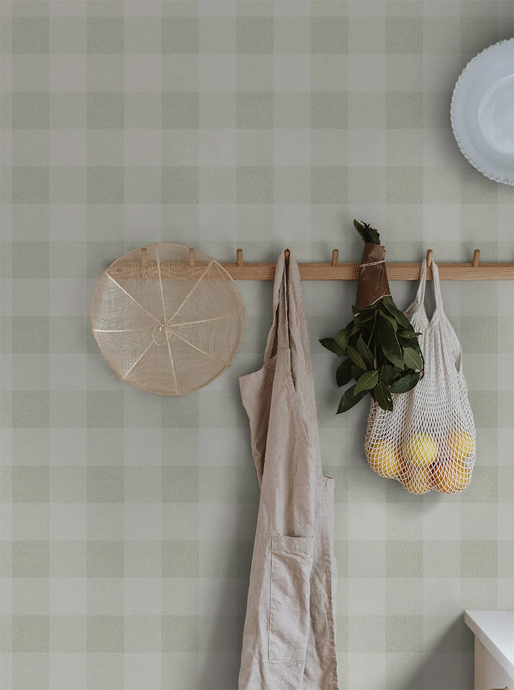 Gingham, Pattern Wallpaper in Sage, featured in a kitchen area with groceries.
