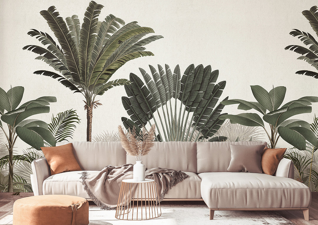 Palm Paradise Wallpaper as feature wall in living room