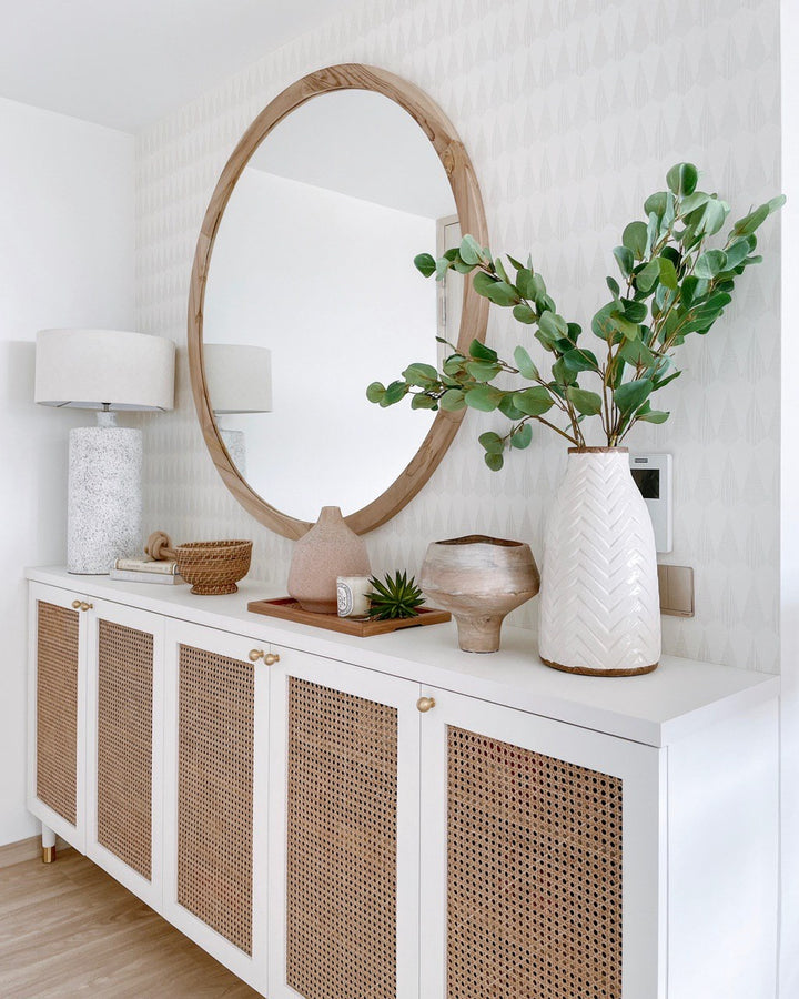 Geometric Panorama Wallpaper at Hallway with white and rattan furnishing