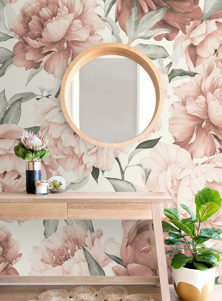 HC-Peonies_Garden_Floral_Pattern_Wallpaper-Crimson-Interior1.jpg Summer Peonies Garden, Wallpaper in dressing room with wood furnishing