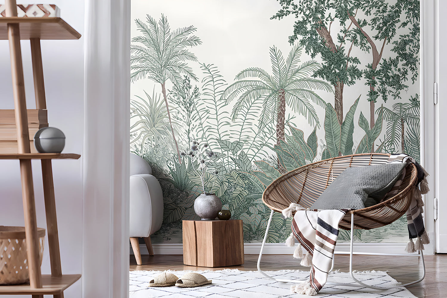 HC-Ara_s_Jungle_TropicalMuralWallpaper-ForrestGreen-Interior1-26022024.jpg Ara and Friends Jungle Wallpaper in the living room