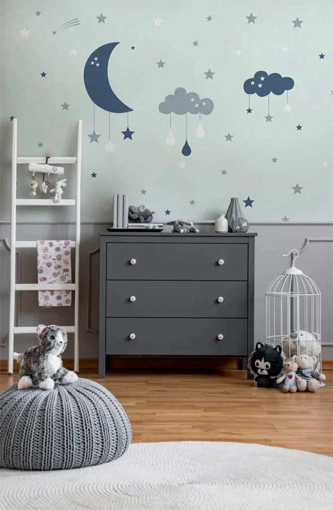 Cloudy Night, Pattern Wallpaper in Blue in Kid's Room