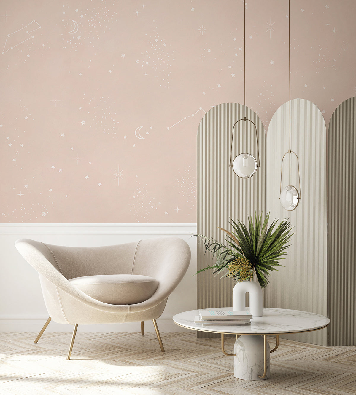 Chalky Stars, Pastel Pattern Wallpaper in living room