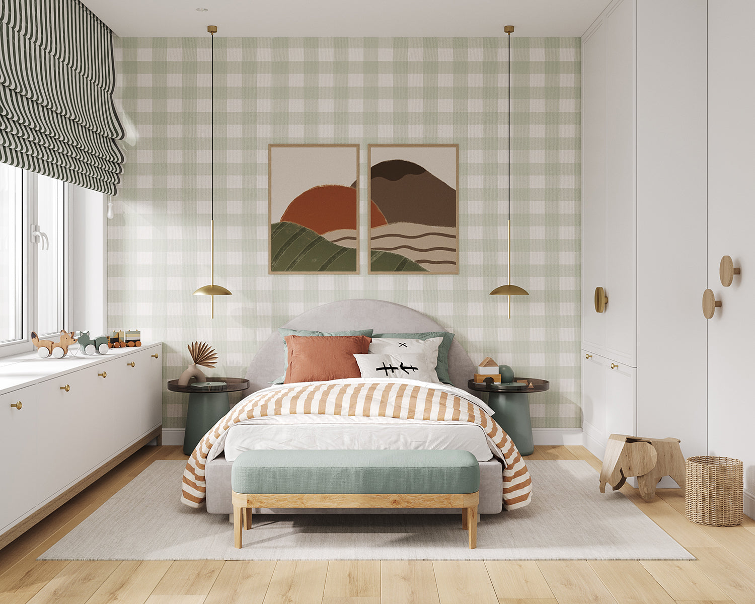 Gingham, Pattern Wallpaper in Green in Bedroom
