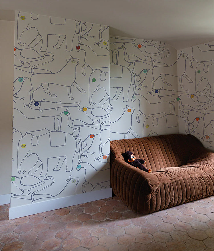 Animal shapes wallpaper in a lounge area